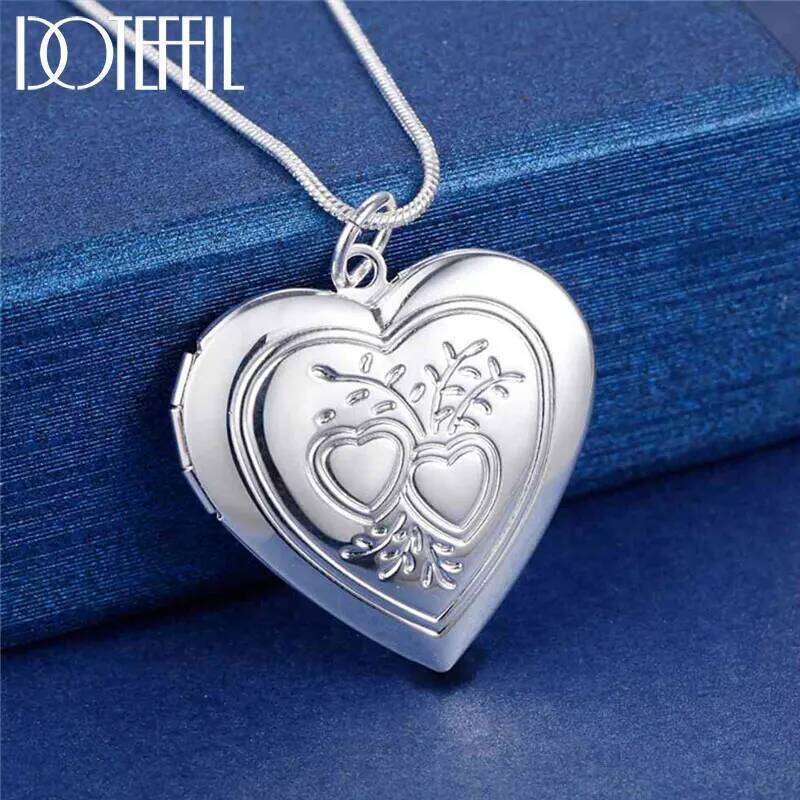 DOTEFFIL 925 Sterling Silver 18 Inch Snake Chain Love Heart Photo Frame Necklace For Women Fashion Wedding Party Charm Jewelry 719b0
