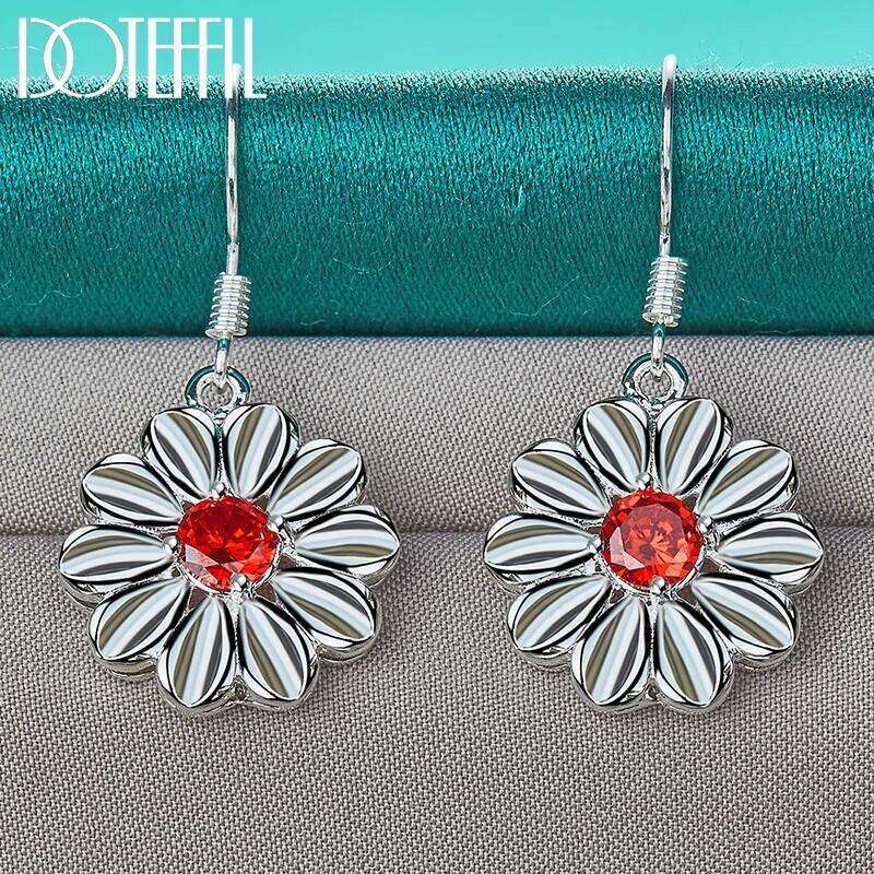 DOTEFFIL 925 Sterling Silver AAA Red Zircon Flower Drop Earrings Charm Woman Jewelry Fashion Wedding Engagement Party Gift a4a4d