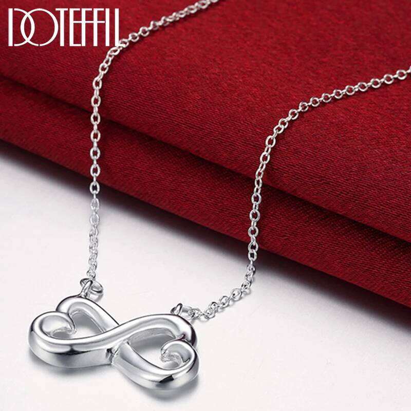 DOTEFFIL 925 Sterling Silver Two Hearts Pendant Necklace For Women Charm Wedding Engagement Party Fashion Jewelry 34a4d