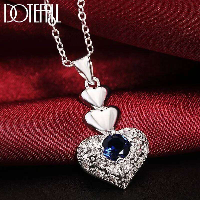 DOTEFFIL 925 Sterling Silver 18 Inch Blue AAA Zircon Heart Pendant Necklace For Women Fashion Wedding Party Charm Jewelry a66f7