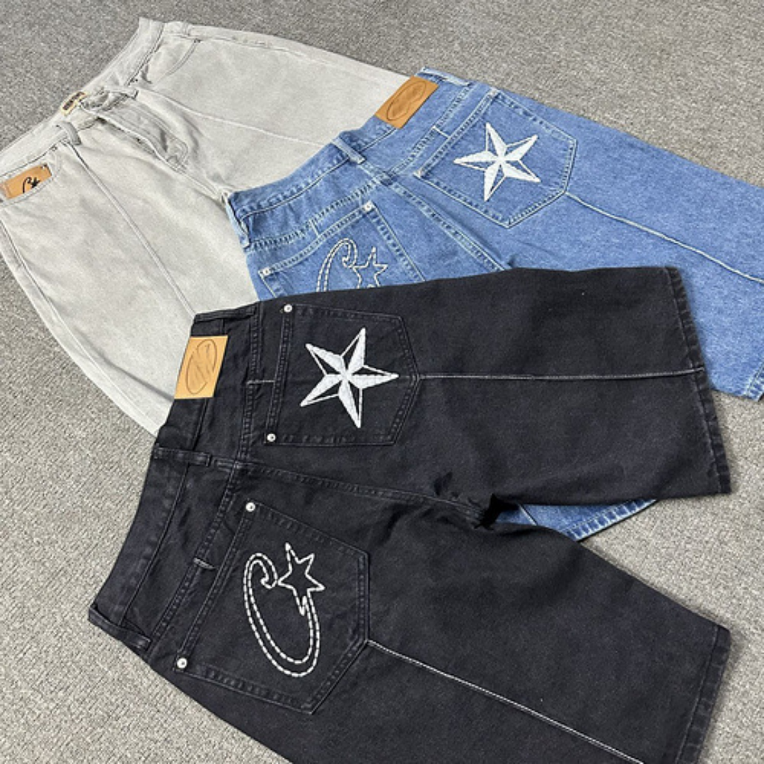 Men's Denim Retro High Street Embroidered Jeans Casual Five-Pointed Star Distressed Jacket Pants Vintage Style