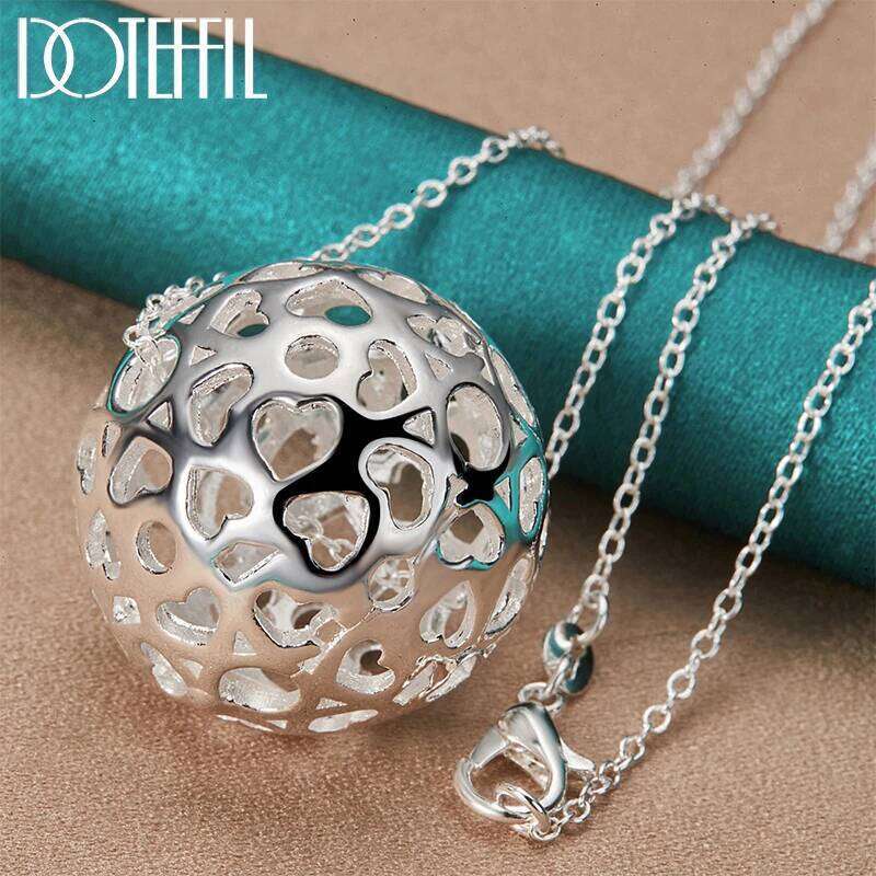 DOTEFFIL 925 Sterling Silver 18 Inch Chain Hollow Ball Full Heart Pendant Necklace For Woman Wedding Engagement Charm Jewelry 01b5b