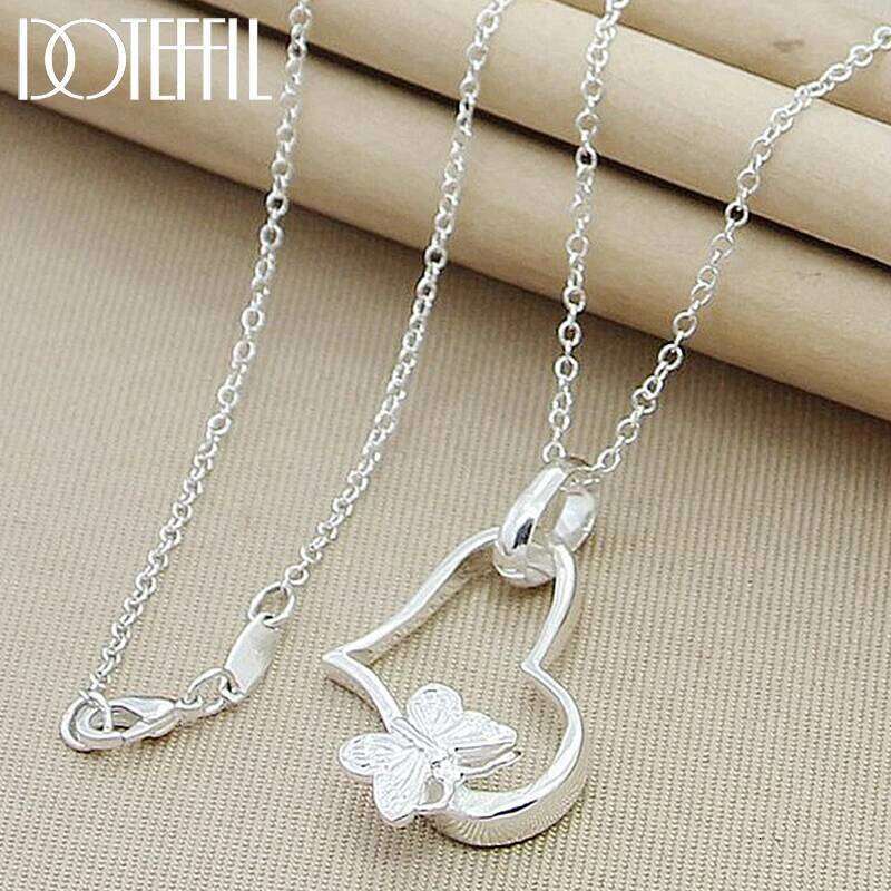 DOTEFFIL 925 Sterling Silver Butterfly Heart Pendant Necklace 18 Inch Chain For Woman Fashion Wedding Engagement Charm Jewelry 319b5