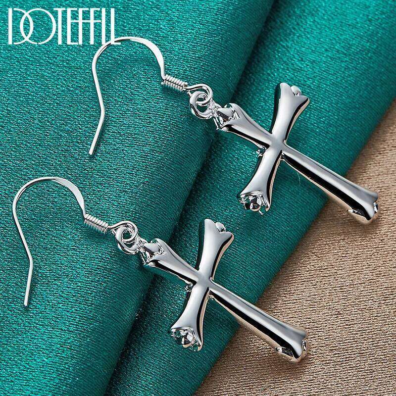DOTEFFIL Cross Drop Earring 925 Sterling Silver Woman Wedding Engagement Party Fashion Charm Jewelry 5e6e3