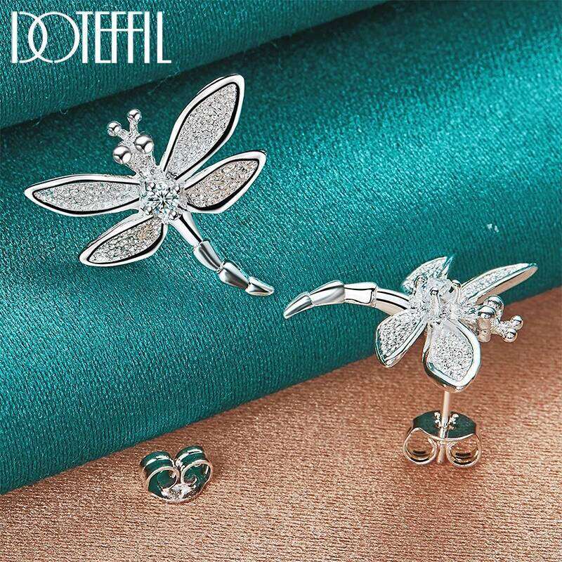 DOTEFFIL 925 Sterling Silver Dragonfly Inlaid with Crystals Stud Earring For Woman Fashion Wedding Engagement Jewelry 83891