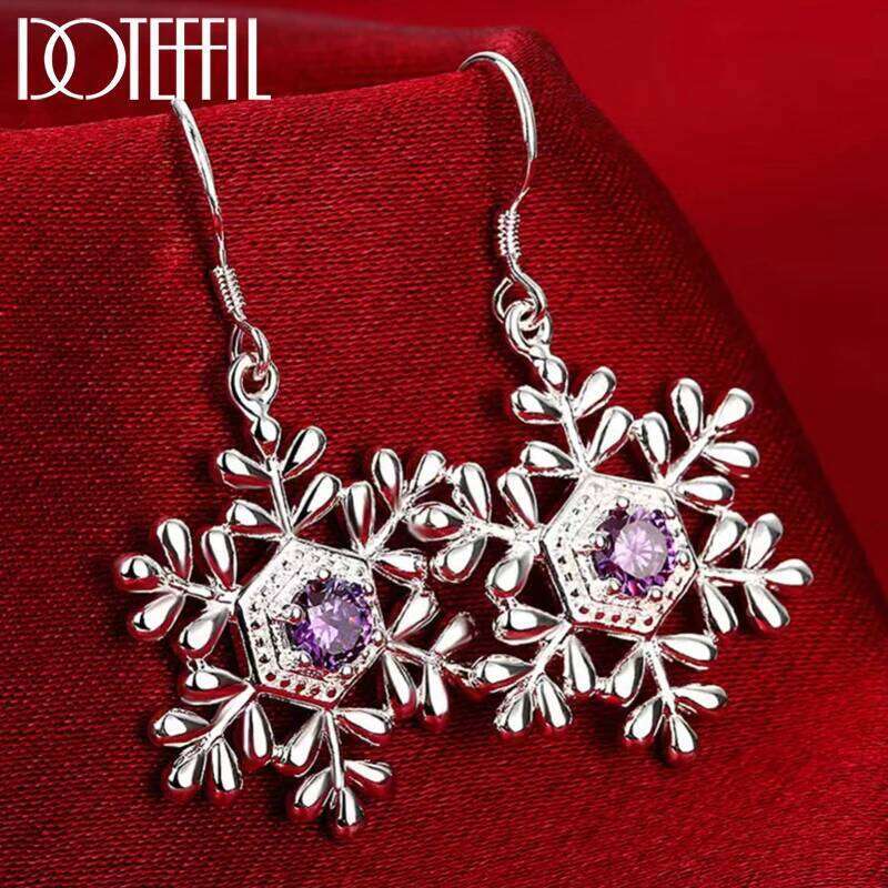 DOTEFFIL 925 Sterling Silver Snowflake Purple AAA Zircon Drop Earring For Woman Wedding Engagement Party Fashion Charm Jewelry 42366