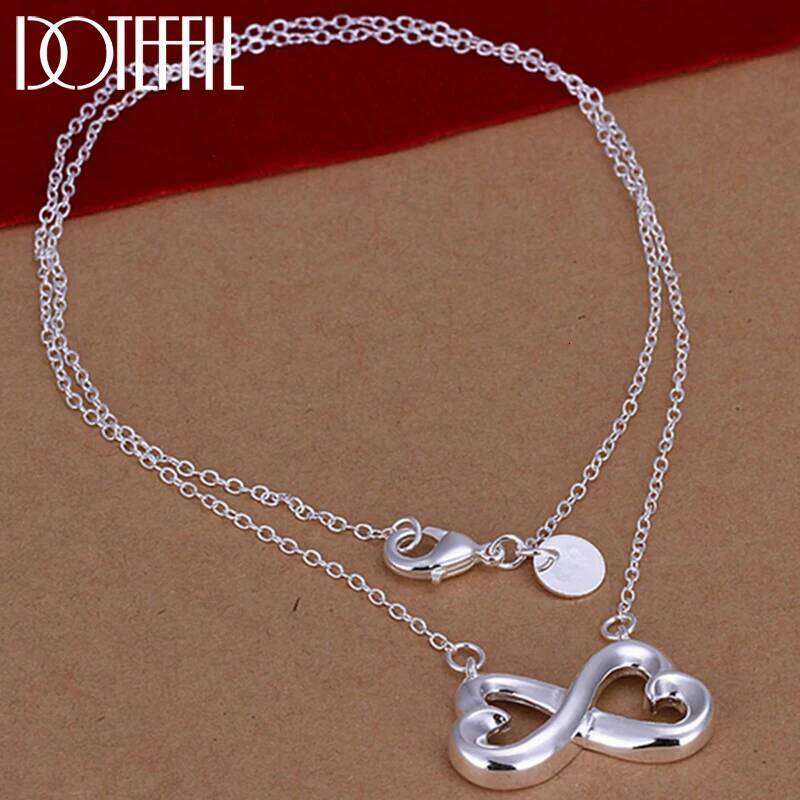 DOTEFFIL 925 Sterling Silver Double Heart Pendant Necklace 18 inch Chain For Woman Engagement Wedding Fashion Charm Jewelry 60988