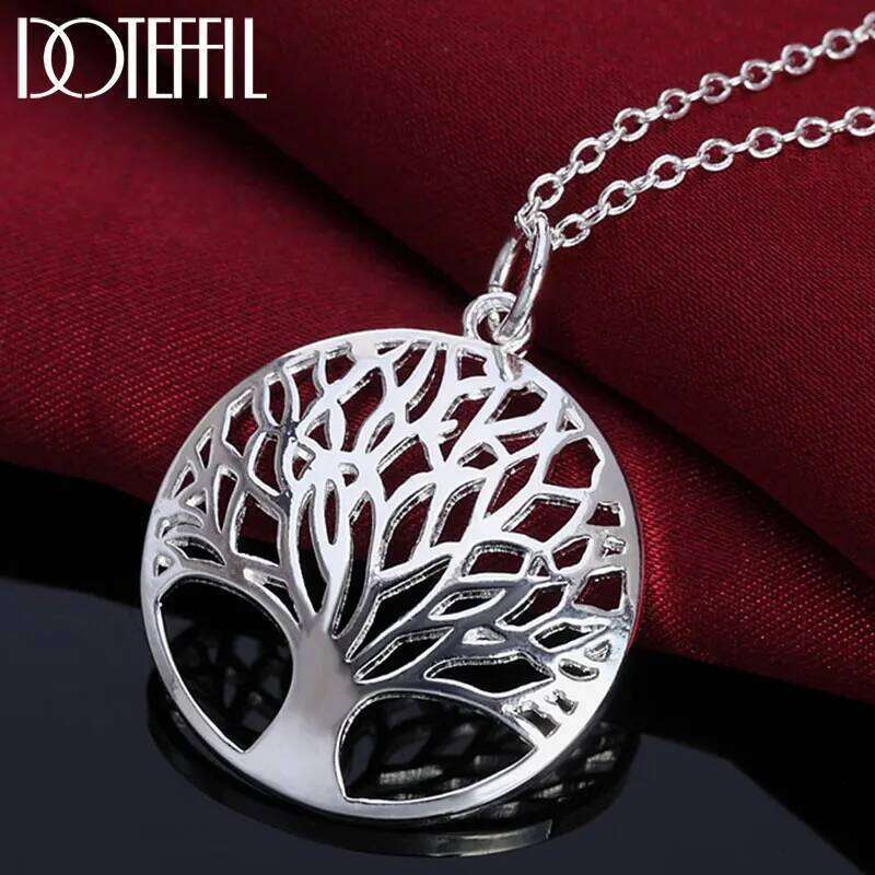 DOTEFFIL Tree Round Pendant Necklace 925 Sterling Silver Hollow Fashion Woman Wedding Engagement Party Charm Jewelry ca617