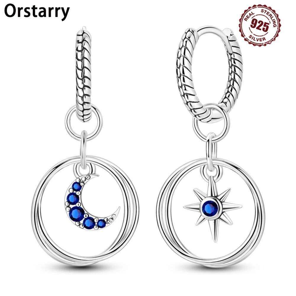 925 Sterling Silver Twinkling Blue Star Ear Moon Eardrops Drop Earrings For Women Charm Engagement Wedding Fine Jewelry Gifts 1f67f