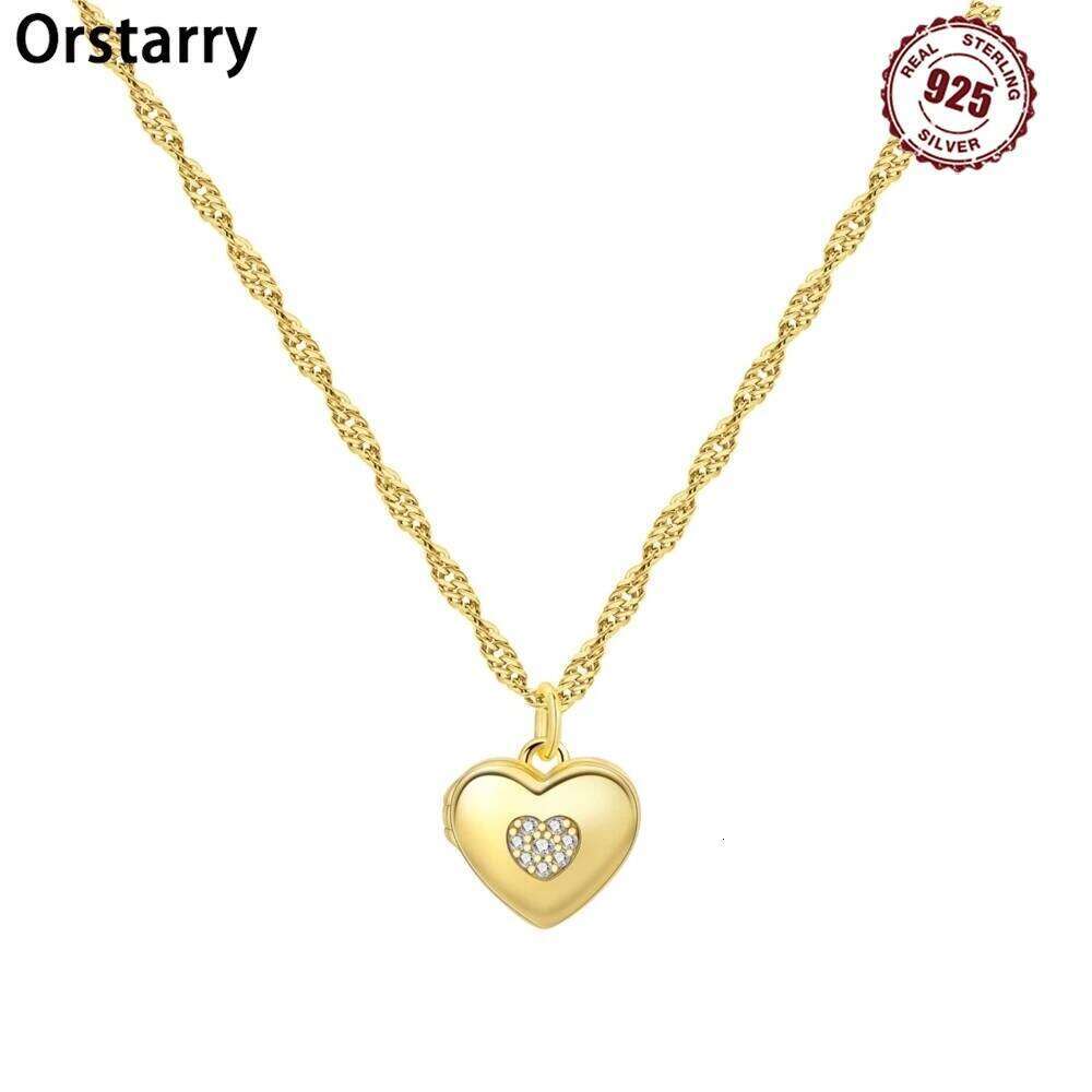Orstarry New S925 Sterling Silver Golden Sparkling Heart Box Chain Pendant Necklace for Women Birthday Gift Fashion Fine Jewelry 9252a