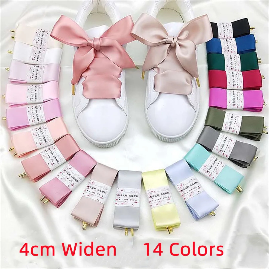 1 Pair 4cm Width Satin Silk Ribbon Shoelaces 100/120/140/160cm Women White Red High-top Canvas Sneakers Shoe laces Strings 260106