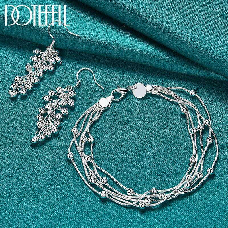 DOTEFFIL 2pcs 925 Sterling Silver Five Snake Chain Smooth Bead Bracelet Earring Set For Fashion Women Wedding Engagement Jewelry f8579