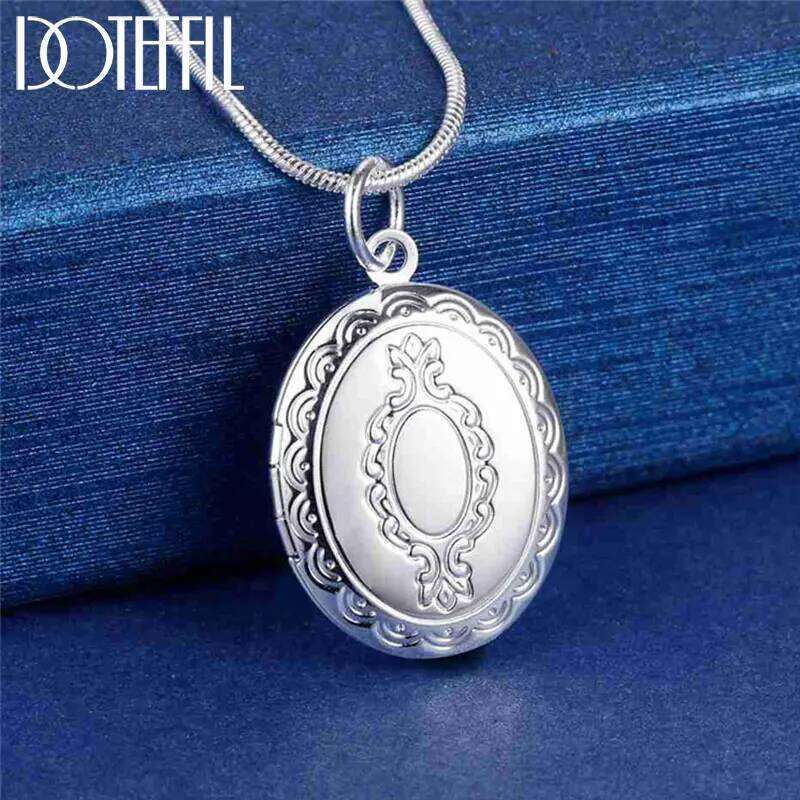 DOTEFFIL 925 Sterling Silver Pattern Oval Frame Snake Chain Necklace For Women Fashion Wedding Party Charm Jewelry 583f6