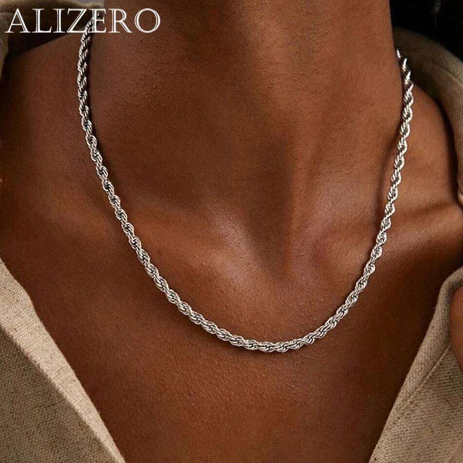 ALIZERO 925 Sterling Silver 4MM Rope Chain Necklaces For Women Men Fashion Hip Hop Party Punk Necklace Jewelry Wholesale 69402