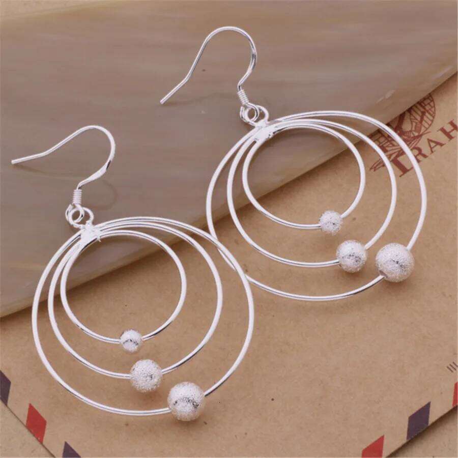 DOTEFFIL 925 Sterling Silver Three Circle Hoop Frosted Beads Earrings Charm Women Jewelry Fashion Wedding Party Gift 03b24