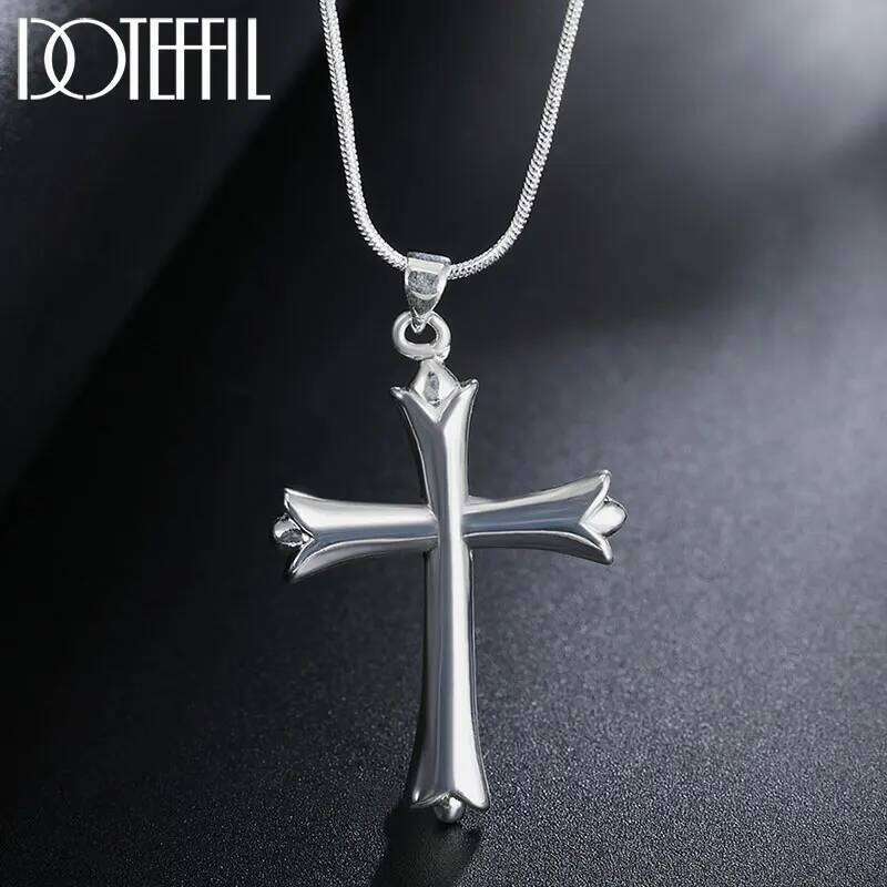 DOTEFFIL 925 Sterling Silver 18 Inch Snake Chain Cross Pendant Necklace For Women Man Fashion Wedding Party Charm Jewelry f078d