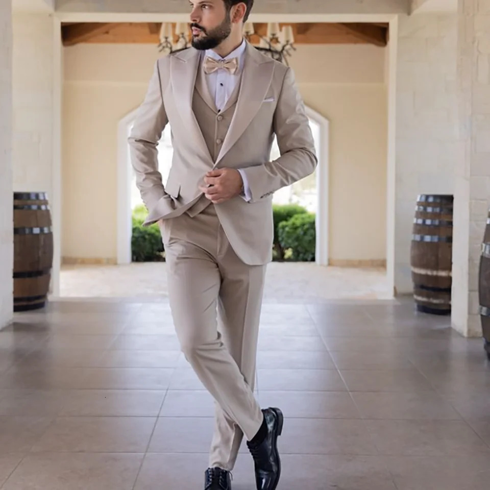 khaki Handsome Slim Single Breasted Men Suit 3 Pieces Lapel Set Daily Fashion Jacket Black Pants and Vest 260106