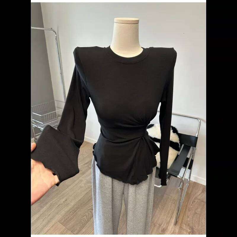 Earrings T Shirt Waist Bottoming Long Sleeved Top Women S New Style Spliced Shoulder Pads Round Neck Pleated Luxury