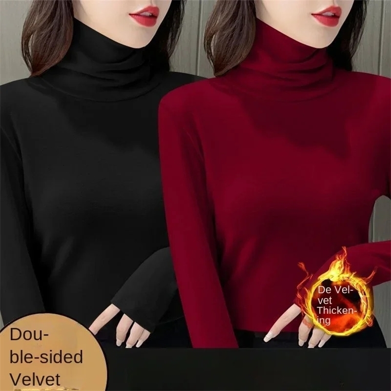 Women Thermal Underwear Winter Thicken Turtleneck Bottom Shirt De Velvet Warm Tops Semi High Collar Neck Long Sleeve Pullovers251219ww