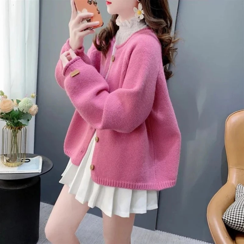 Round O Neck Knitted Sweater Woman Clothes Novelties in Trend Casual Attractive Office Wear Solid Cardigan for Women 260106