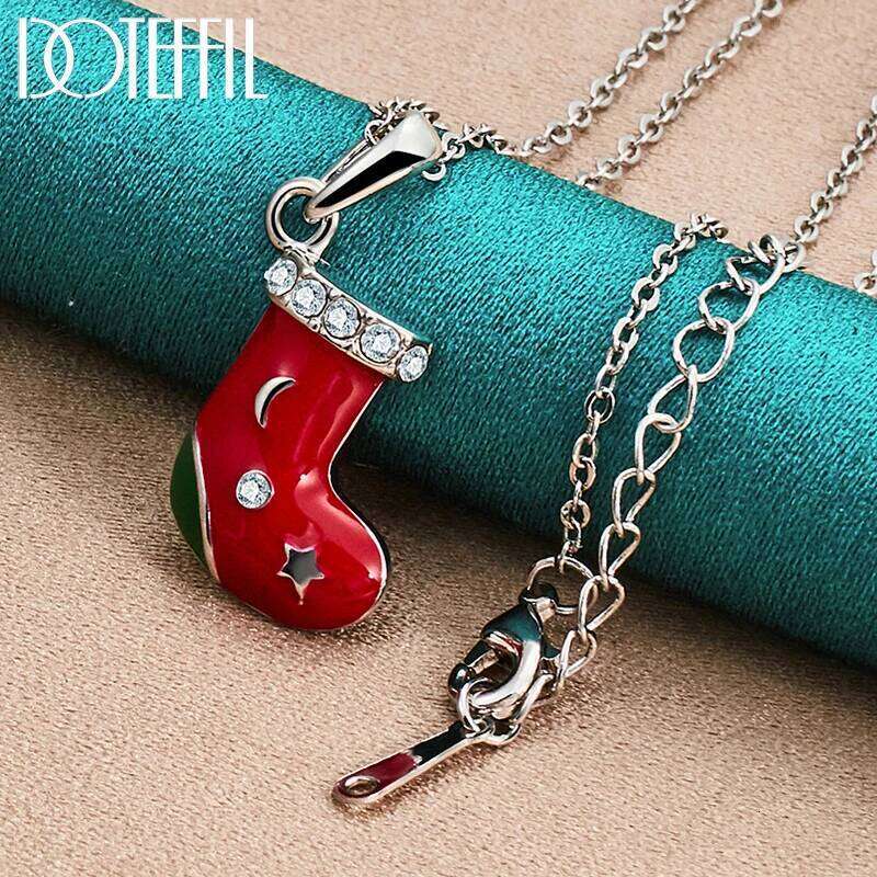 DOTEFFIL 925 Sterling Silver Red Shoes AAA Zircon Pendant Necklace 18-30 Inch Chain For Woman Christmas Gift Party Charm Jewelry 05661