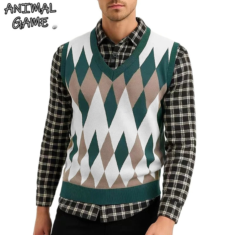 Animal Game Mens Argyle Knitwear Vest V Neck Sleeveless Casual Sweaters Knitted Pullover Outdoor Cold Blouse Streetwear Tank Top 260106