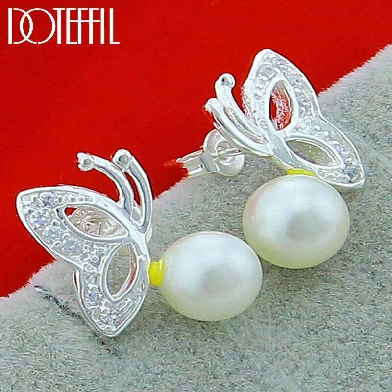 DOTEFFIL 925 Sterling Silver Butterfly Pearl Stud Earring For Woman Fashion Charm Wedding Engagement Party Jewelry
