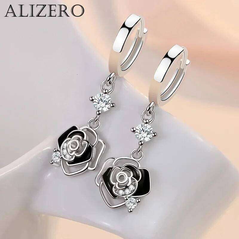 ALIZERO 925 Sterling Silver Black Rose Earrings For Women Jewelry Wedding Engagement Party Lady Zircon Flower Drop Earring c53a0