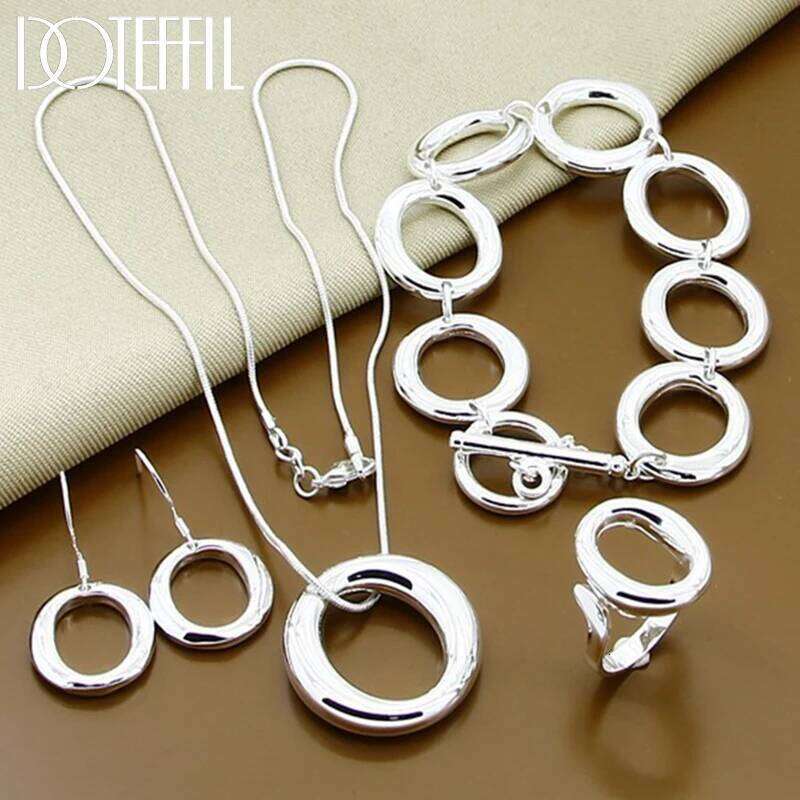DOTEFFIL 925 Sterling Silver Round Circle O Necklace Bracelet Earring Ring Set For Woman Man Wedding Engagement Fashion Jewelry 6a79f