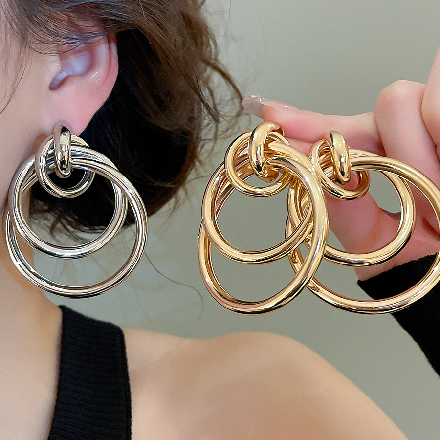 Cross-Border European and American Exaggerated Fashion Retro Classic Double Layer Geometric Hoop High-End Autumn Winter New Stud Earrings-image-1091038051