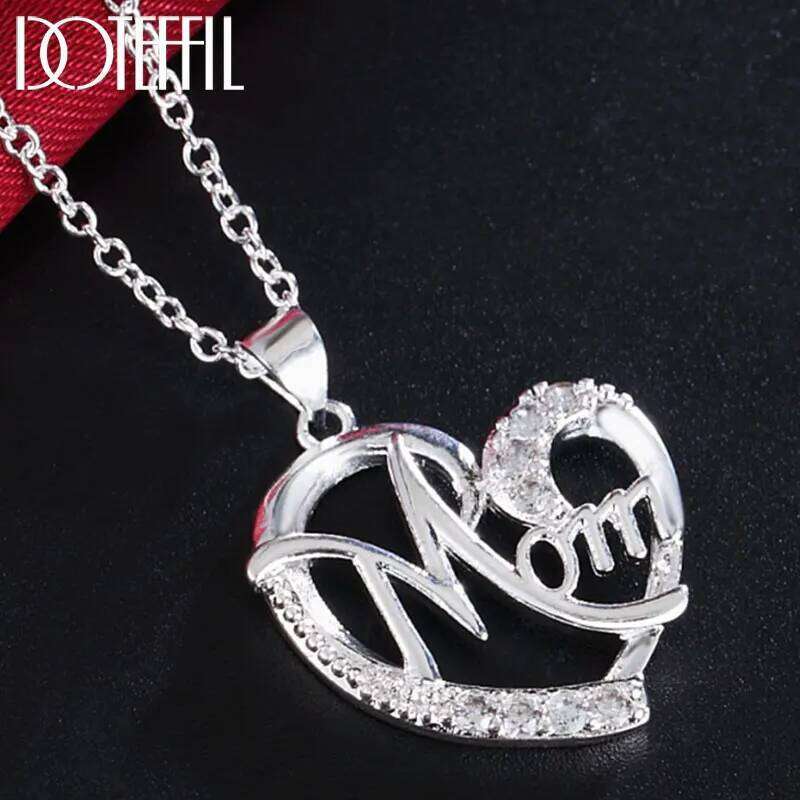 DOTEFFIL 925 Sterling Silver 18 Inch Chain Mom AAA Zircon Heart Pendant Necklace For Women Fashion Wedding Party Charm Jewelry 37e27