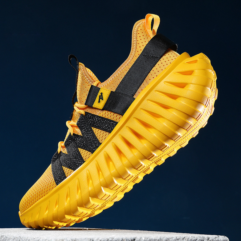Luxury Brand Designer Shoes NHOT Men's Knit Mesh Athletic Sneakers All Black With Yellow Accents Cushioned Thick Sole Sports Casual Shoes 2026