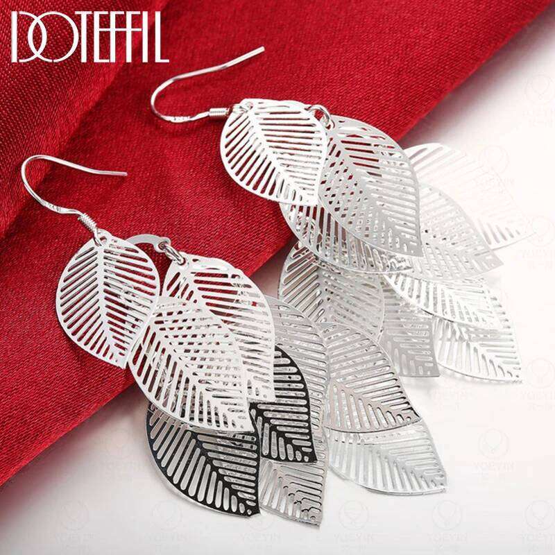 DOTEFFIL 925 Sterling Silver Leaves Drop Earrings For Women Best Gift Wedding Engagement Party Jewelry 1a069