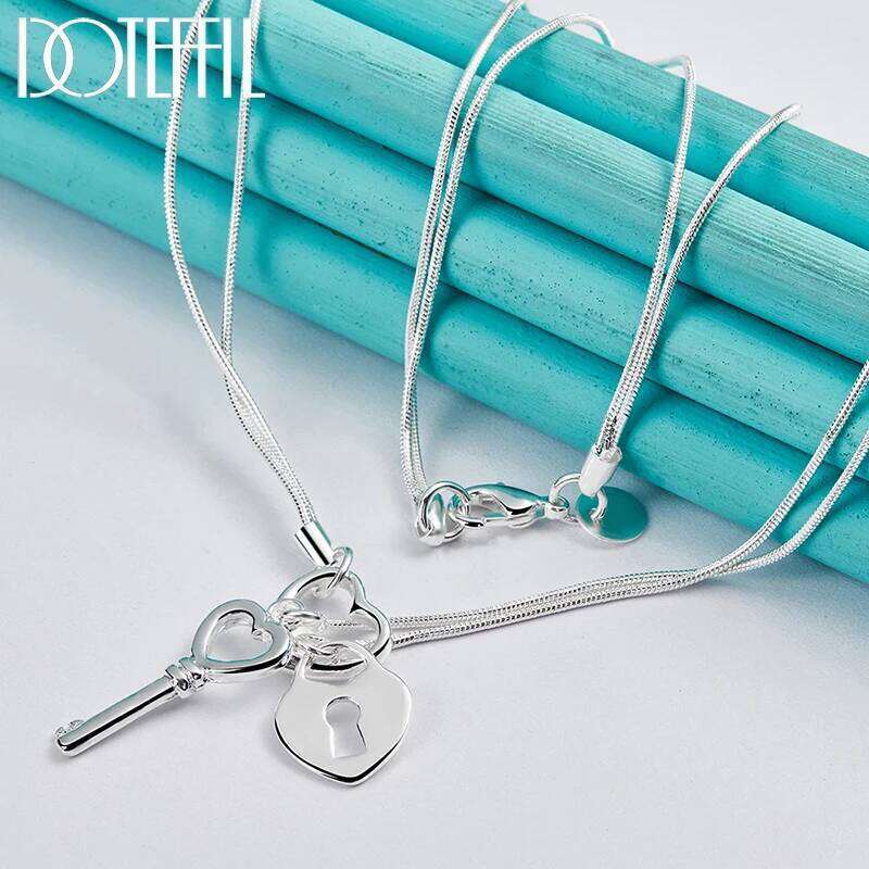 DOTEFFIL 925 Sterling Silver Key Heart Double Snake Chain Necklace For Women Man Fashion Wedding Party Charm Jewelry 01272
