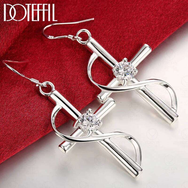DOTEFFIL 925 Sterling Silver AAA Zircon Cross Drop Earrings Charm Jewelry Fashion Wedding Engagement Party Gift 5caed