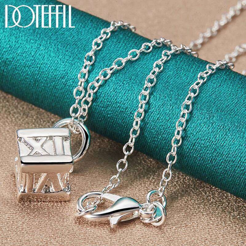 DOTEFFIL 925 Sterling Silver Square Roman Numeral Pendant Necklace For Woman Man18-30 Inch Chain Wedding Party Jewelry 9c2bc