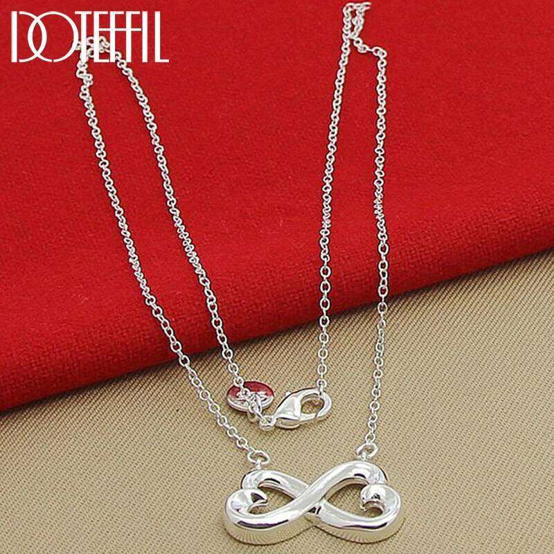 DOTEFFIL 925 Sterling Silver Double Heart Pendant Necklace 18 inch Chain For Women Engagement Wedding Fashion Charm Jewelry 1cb29