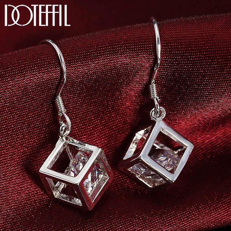 DOTEFFIL 925 Sterling Silver Square AAA Zircon Earrings Charm Jewelry Woman Fashion Wedding Engagement Party Gift 3badd