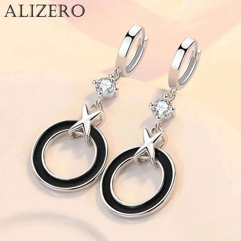 ALIZERO Trendy Black Circle X Hoop Earrings For Women 925 Sterling Silver Jewelry Shiny Zircon Long Earring Party Accessories 7e9b3
