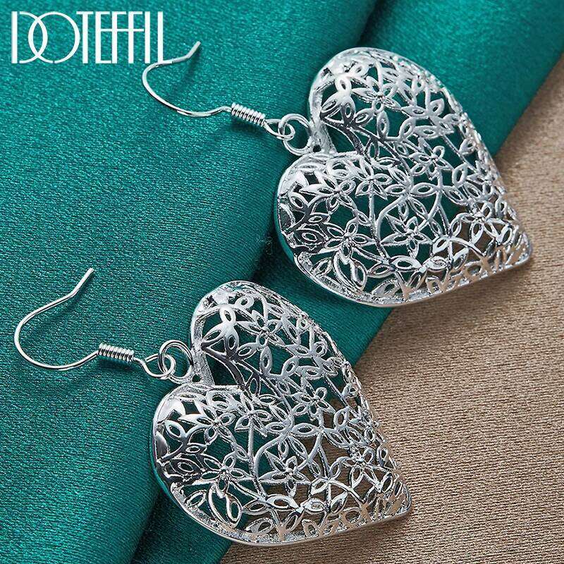 DOTEFFIL 925 Sterling Silver Hollow Heart Flower Earrings For Women Best Gift Wedding Engagement Jewelry 47379