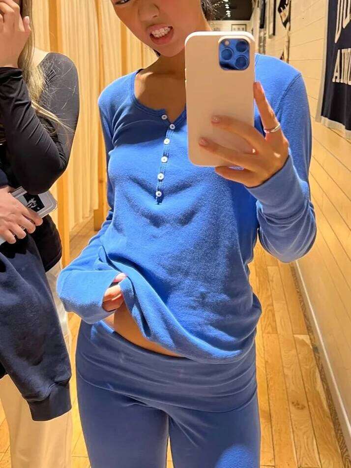Six Buttons Royal Blue Long Sleeve T Shirts Women Autumn O Neck Cotton Slim Tee Tops New Preppy Style Solid Simple Basic Tshirts Luxury