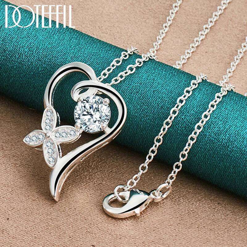 DOTEFFIL 925 Sterling Silver AAA Zircon Heart Flower Pendant Necklace 16-30 Inch Chain For Woman Wedding Charm Jewelry 0c2a4