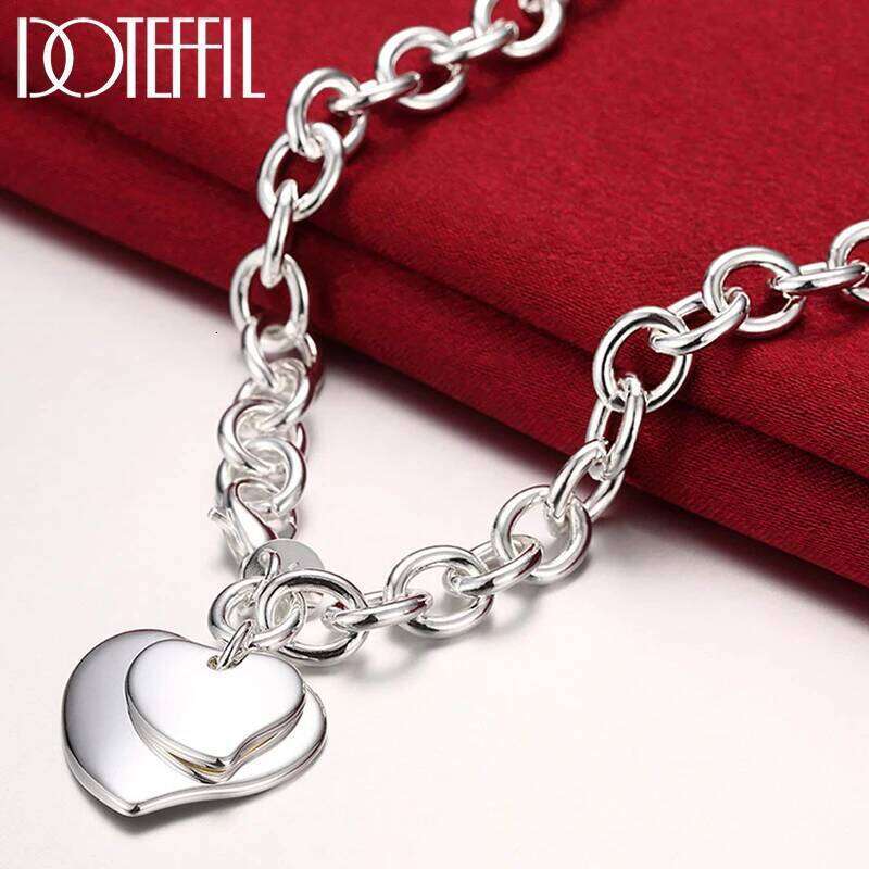 DOTEFFIL 925 Sterling Silver 18 Inch Chain Two Heart Pendant For Women Wedding Engagement Jewelry Gift d52aa