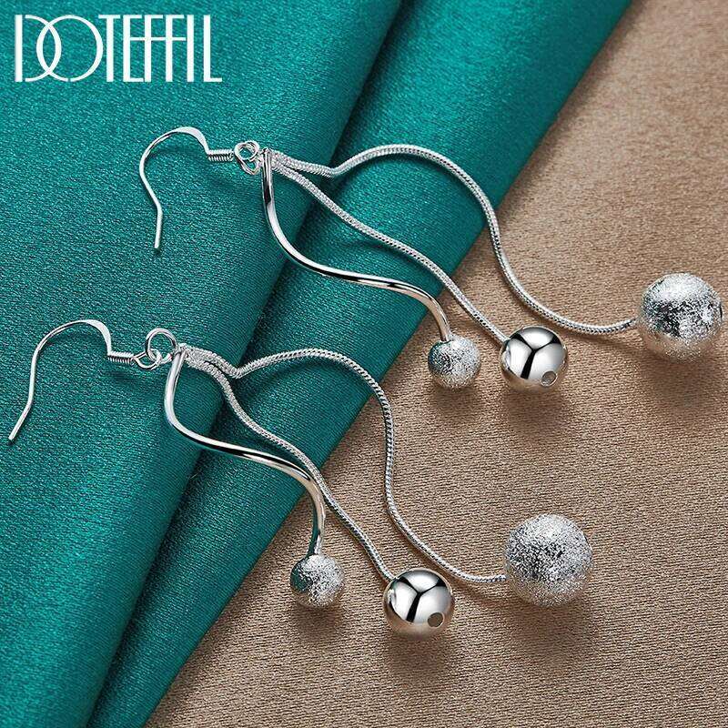 DOTEFFIL 925 Sterling Silver Smooth Frosted Beads Ball Drop Earring For Women Best Gift Wedding Engagement Party Jewelry 4c67e
