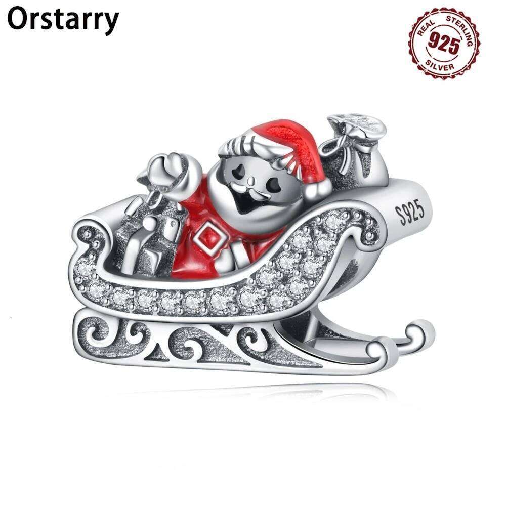 Real 925 Sterling Silver Santa Claus Sled Beads Pendant Fit Original Bracelet For Women Jewelry Birthday Fine Gifts Accessory 60725