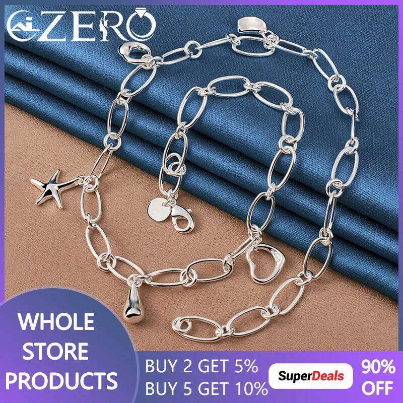 ALIZERO 925 Sterling Silver 18 Inch Chain Starfish Water Drop / Heart Charm Necklace For Women Fashion Wedding Party Jewelry 641aa