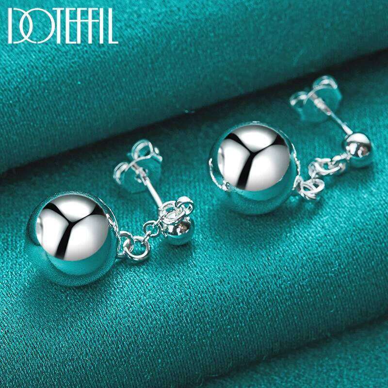 DOTEFFIL 925 Sterling Silver 10mm Smooth Bead Earrings For Woman Wedding Engagement Party Fashion Charm Jewelry b54eb