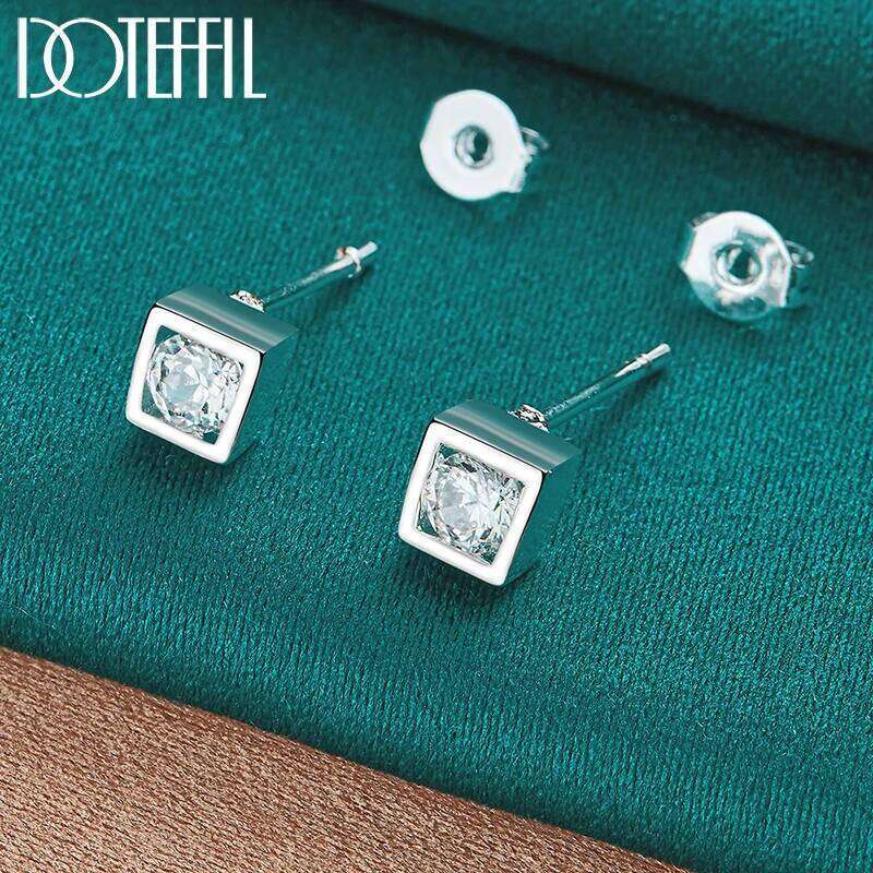 DOTEFFIL 925 Sterling Silver AAA Zircon Square Stud Earring For Woman Fashion Charm Wedding Engagement Party Jewelry 7d9ba