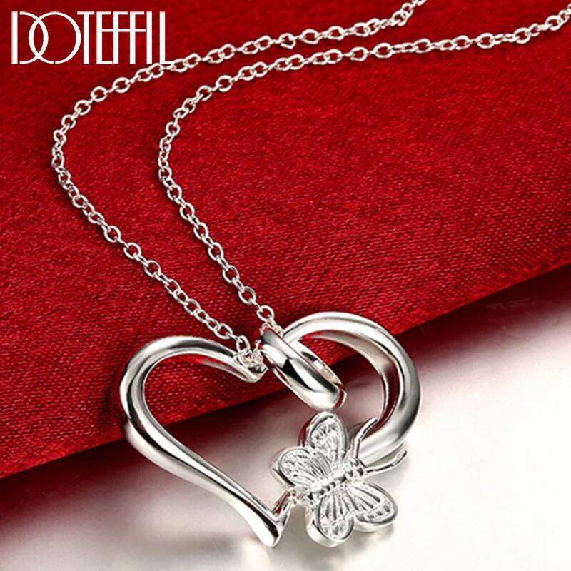 DOTEFFIL 925 Sterling Silver Butterfly Heart Pendant Necklace 18-30 Inch Chain For Woman Wedding Engagement Charm Jewelry f236b
