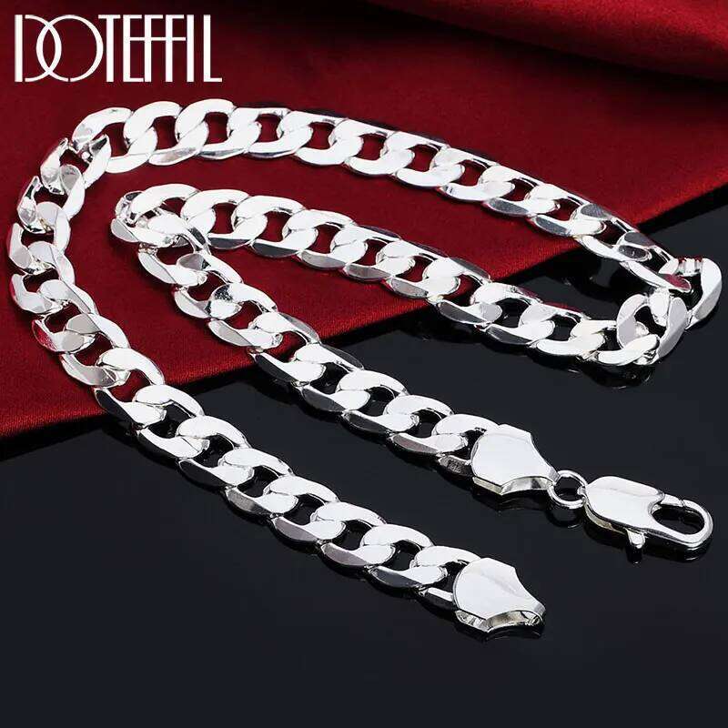 DOTEFFIL 925 Sterling Silver 18/20/22/24/26/28/30 Inch 12mm Flat Sideways Necklace For Women Man Fashion Wedding Charm Jewelry d4857